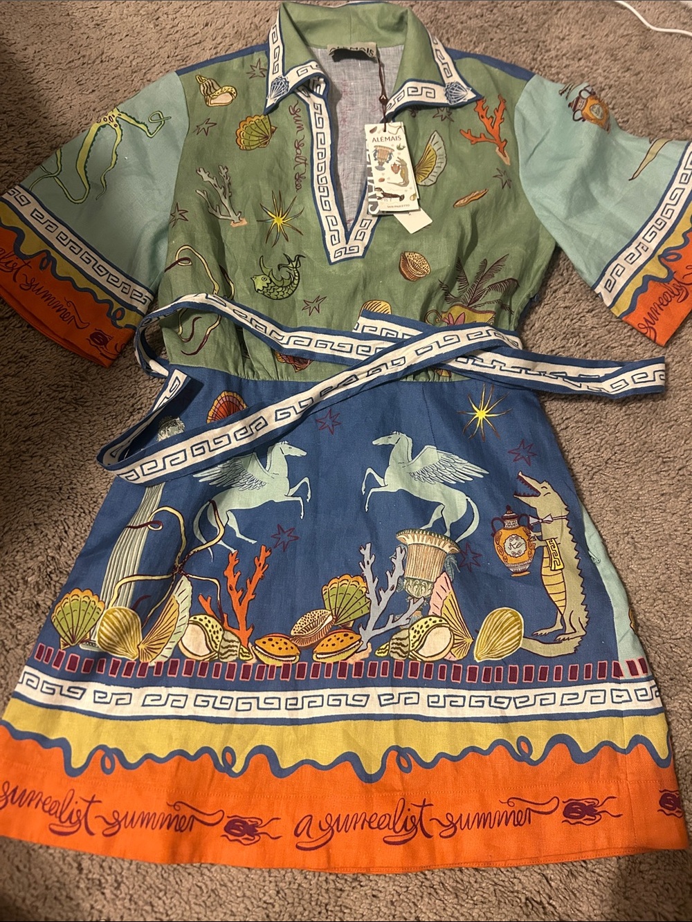 Alemais Blue, Green & Orange Ocean-Print Short Shirt Dress